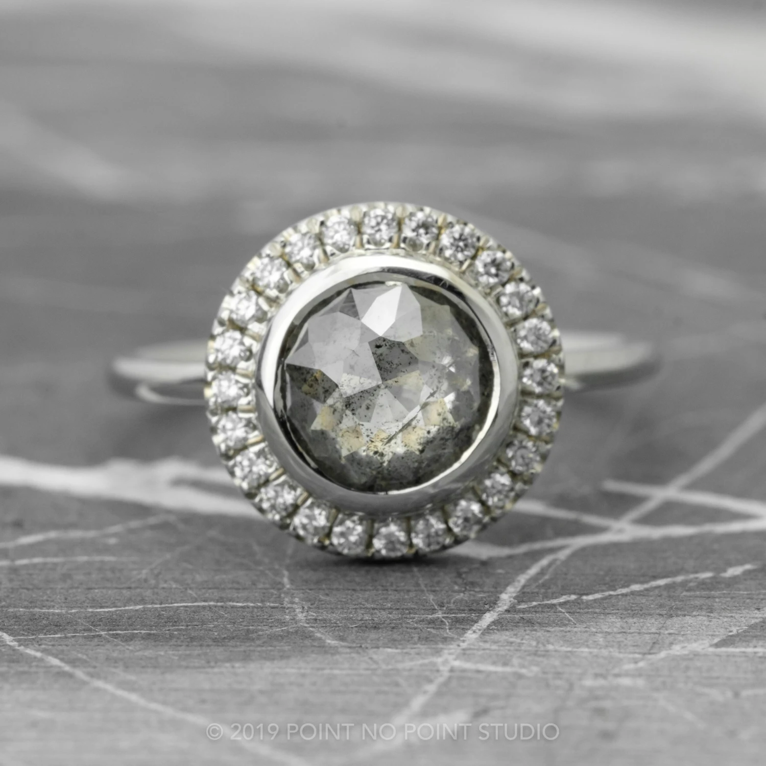 2.04 Carat Salt And Pepper Round Diamond Engagement Ring, Bezel Halo Setting, 14k White Gold