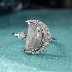 2.03 Carat Grey Speckled Crescent Moon Engagement Ring, Starling Setting, Platinum