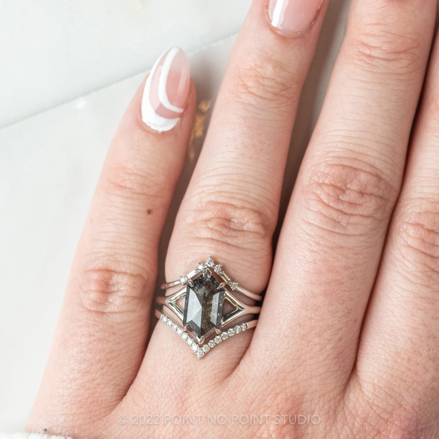 1.84 Carat Black Speckled Hexagon Diamond Engagement Ring, Charlize Setting, 14K White Gold - Image 3