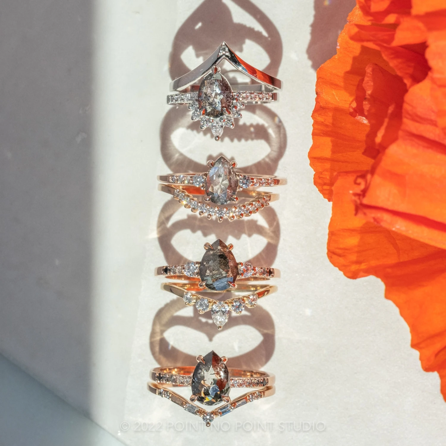 .96 Carat Salt And Pepper Pear Diamond Engagement Ring, Eliza Setting, 14K Rose Gold - Image 3