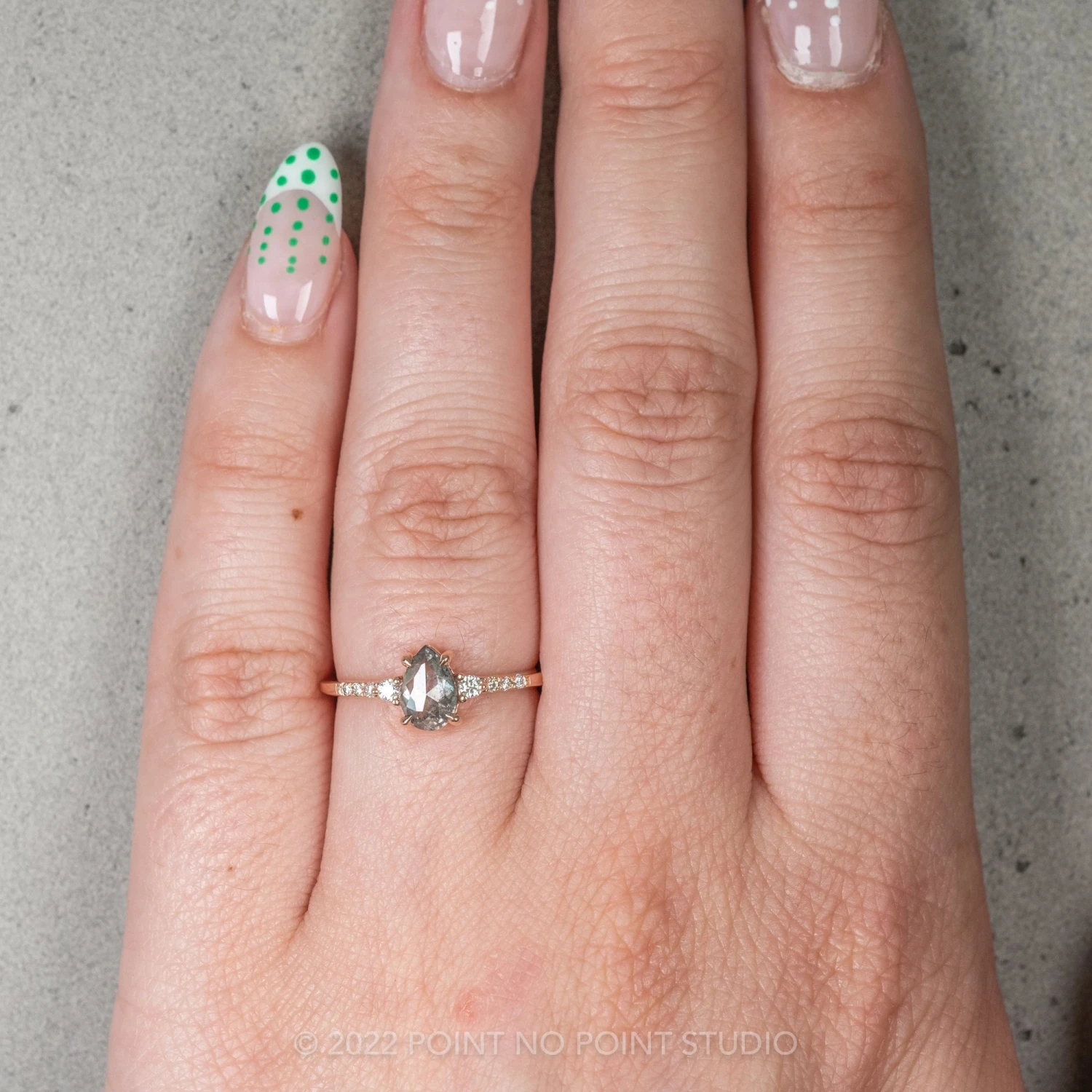 .96 Carat Salt And Pepper Pear Diamond Engagement Ring, Eliza Setting, 14K Rose Gold - Image 2