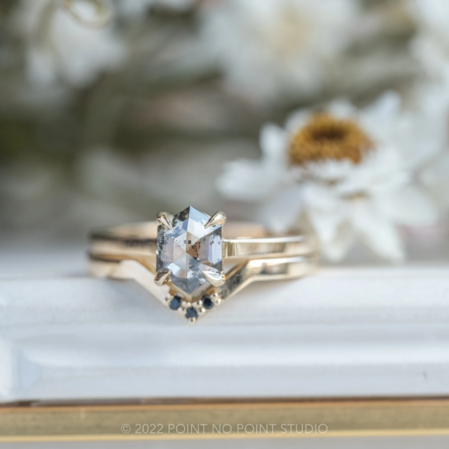 1.04 Carat Salt And Pepper Hexagon Diamond Engagement Ring, Lark Setting, 14K Yellow Gold - Image 5