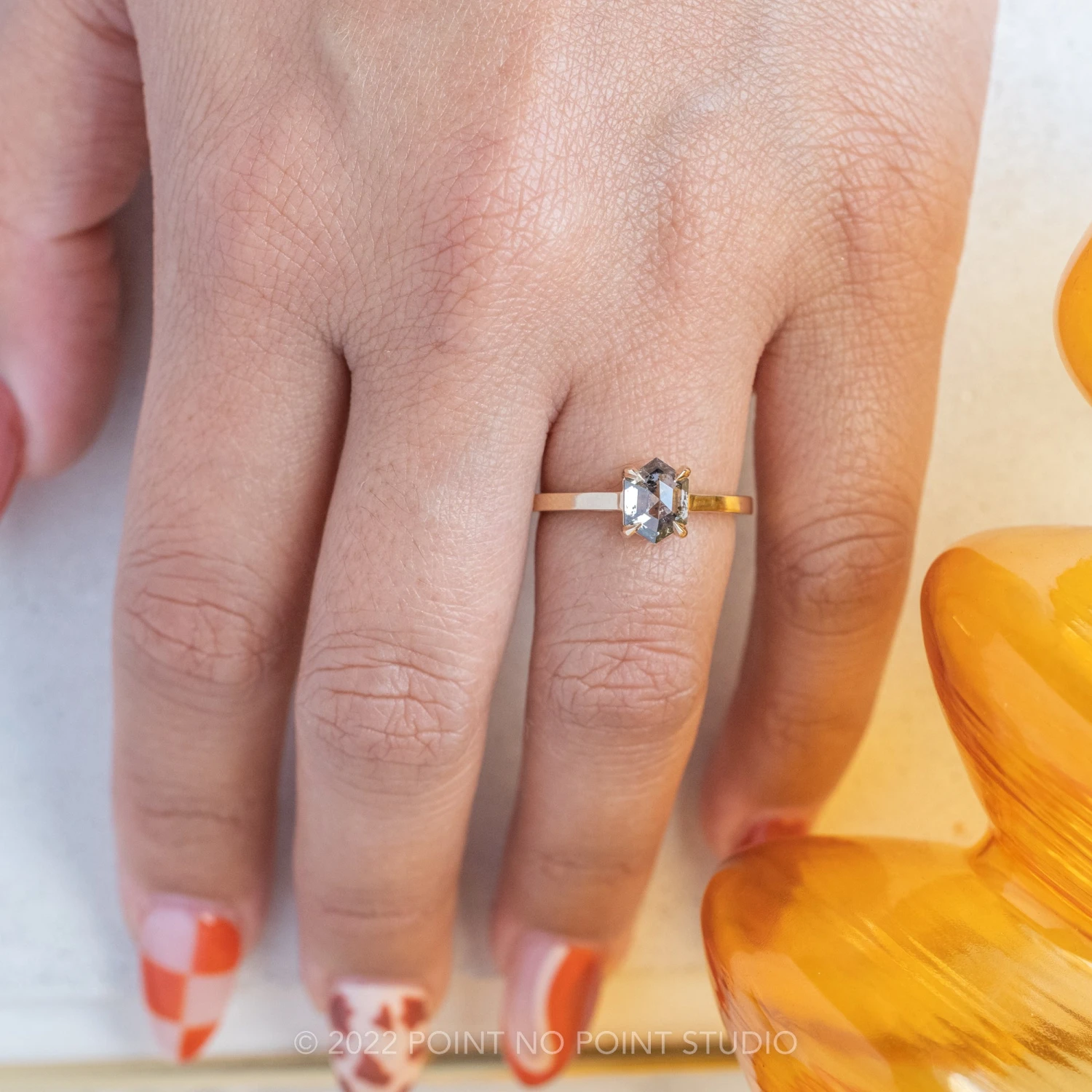 1.04 Carat Salt And Pepper Hexagon Diamond Engagement Ring, Lark Setting, 14K Yellow Gold - Image 2