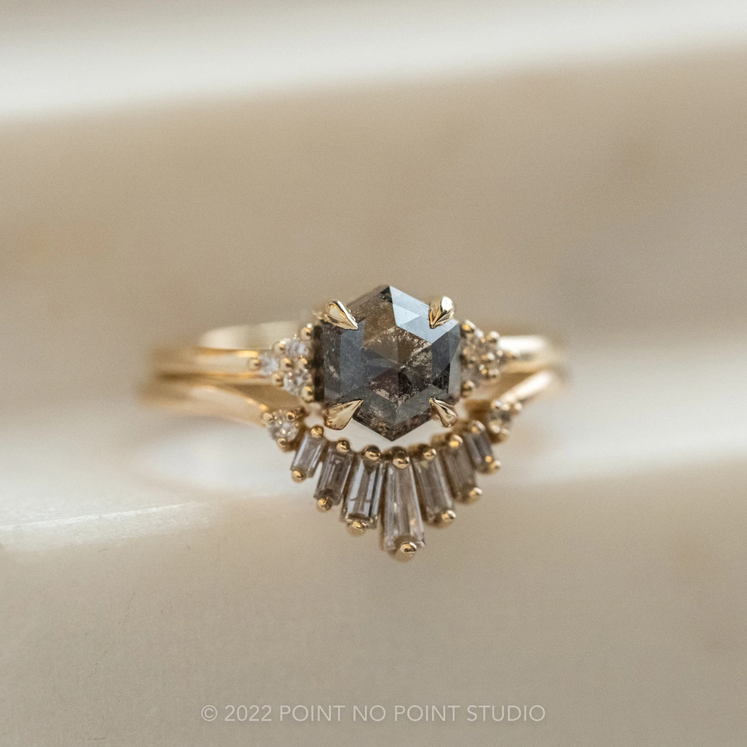 1.17 Carat Salt And Pepper Hexagon Engagement Ring, Quinn Setting, 14k Yellow Gold - Image 2