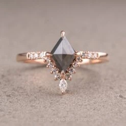 1.01 Carat Black Lozenge Diamond Engagement Ring, Avaline Setting, 14K Rose Gold