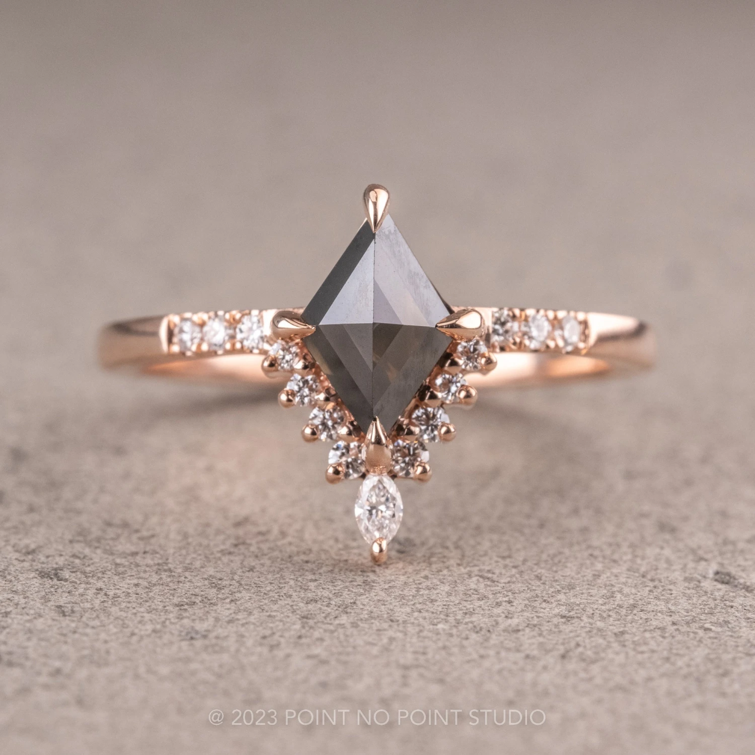 1.01 Carat Black Lozenge Diamond Engagement Ring, Avaline Setting, 14K Rose Gold