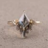 1.55 Carat Salt And Pepper Kite Diamond Engagement Ring, Ginny Setting, 14k Yellow Gold