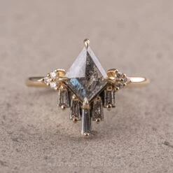 1.55 Carat Salt And Pepper Kite Diamond Engagement Ring, Ginny Setting, 14k Yellow Gold
