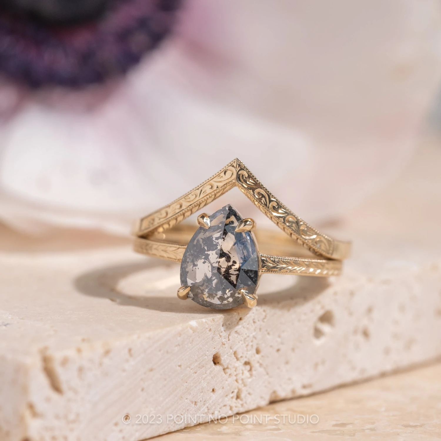 1.15 Carat Salt And Pepper Pear Diamond Engagement Ring, Engraved Jane Setting, 14K Yellow Gold - Image 3