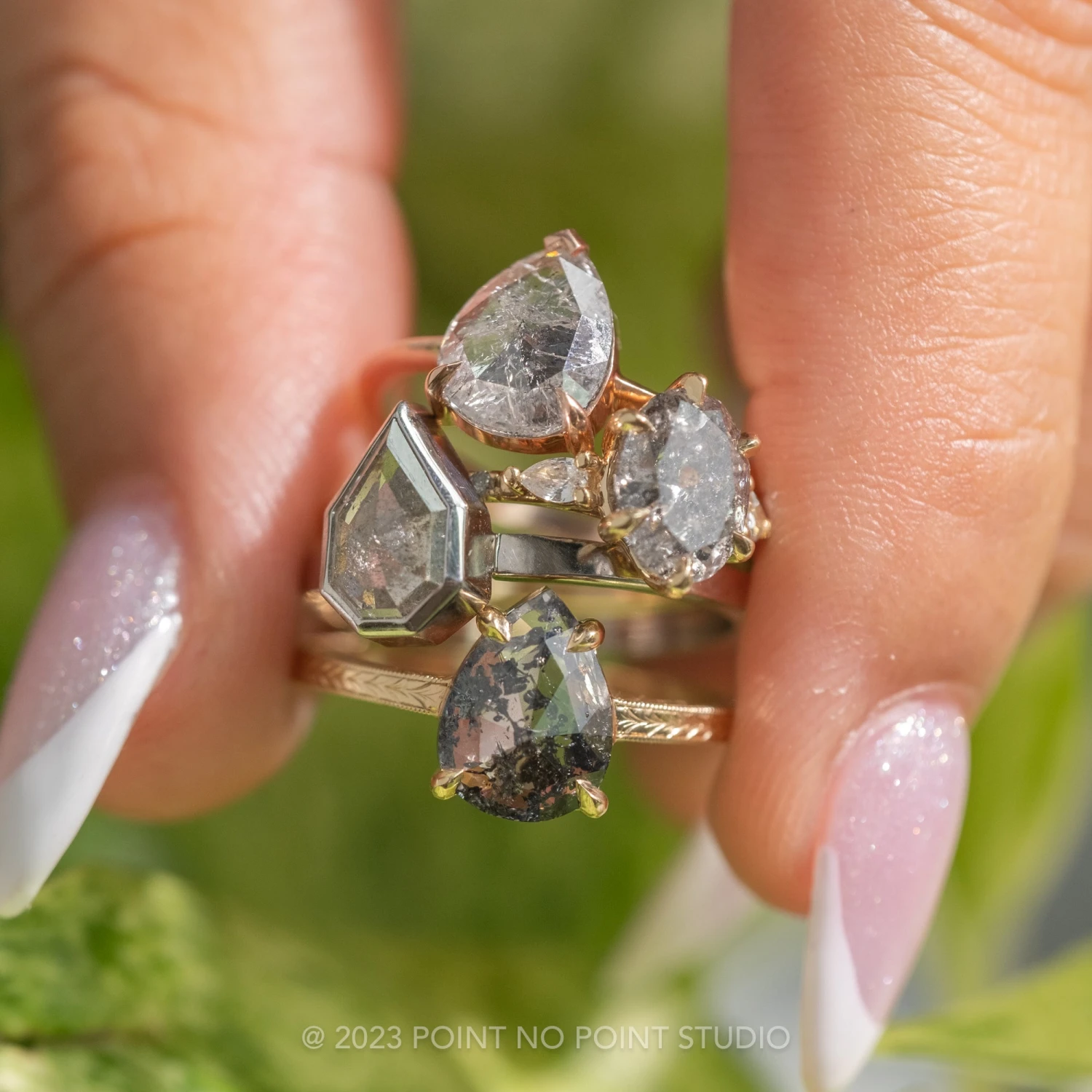 1.15 Carat Salt And Pepper Pear Diamond Engagement Ring, Engraved Jane Setting, 14K Yellow Gold - Image 6