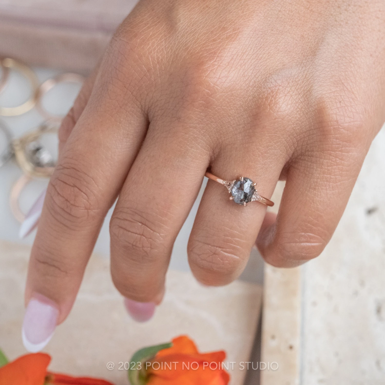 1.03 Carat Salt And Pepper Oval Diamond Engagement Ring, Zoe Setting, 14K Rose Gold - Image 2