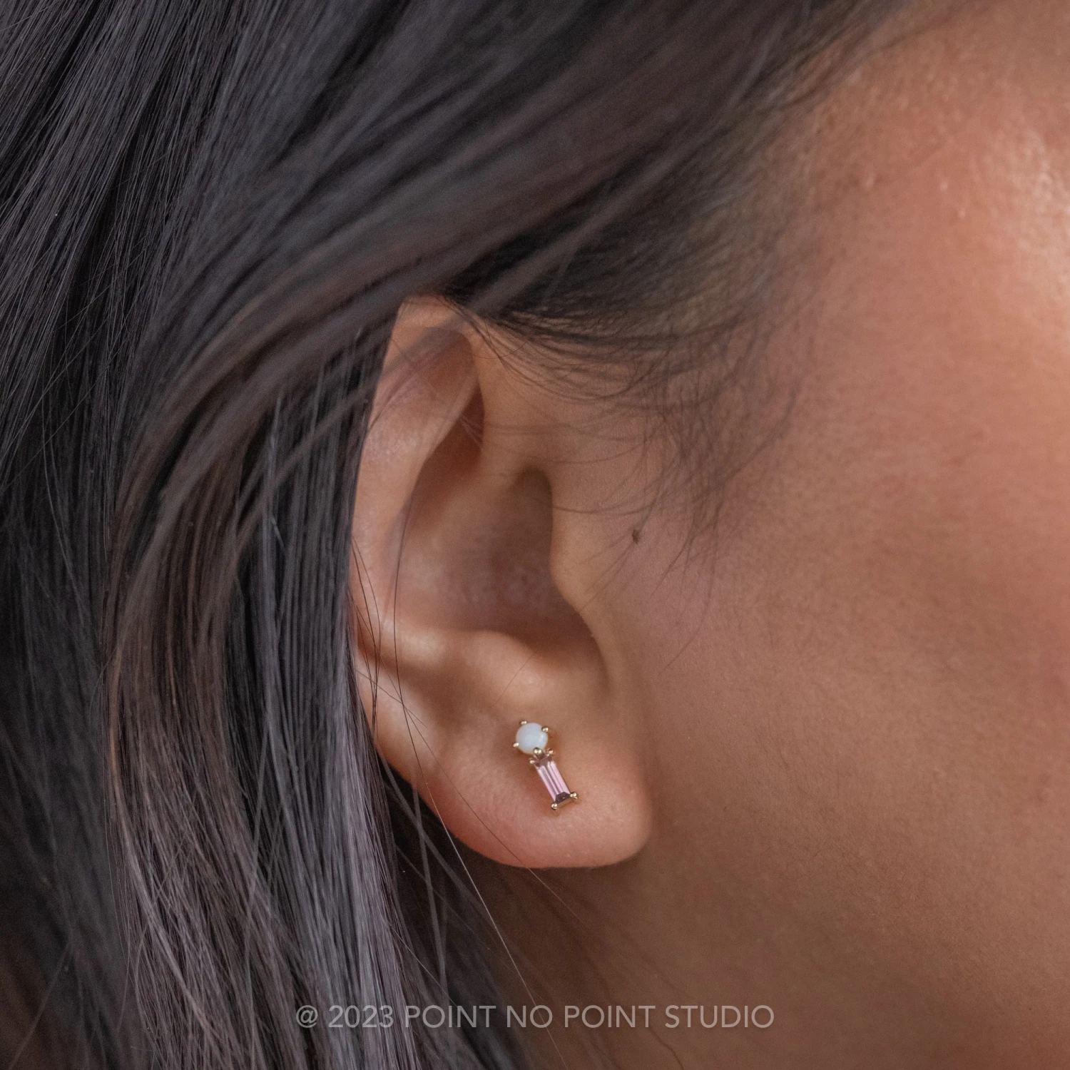 White Opal And Pink Tourmaline Studs, 14k Yellow Gold Earrings - Image 2