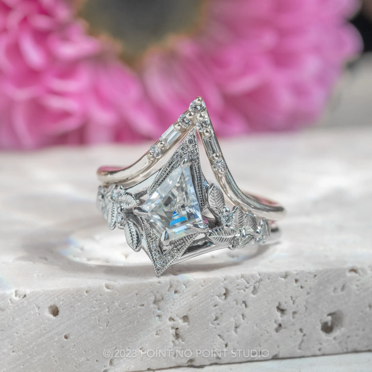 1.07 Carat Kite Moissanite Engagement Ring, Thistle Setting, Platinum - Image 3