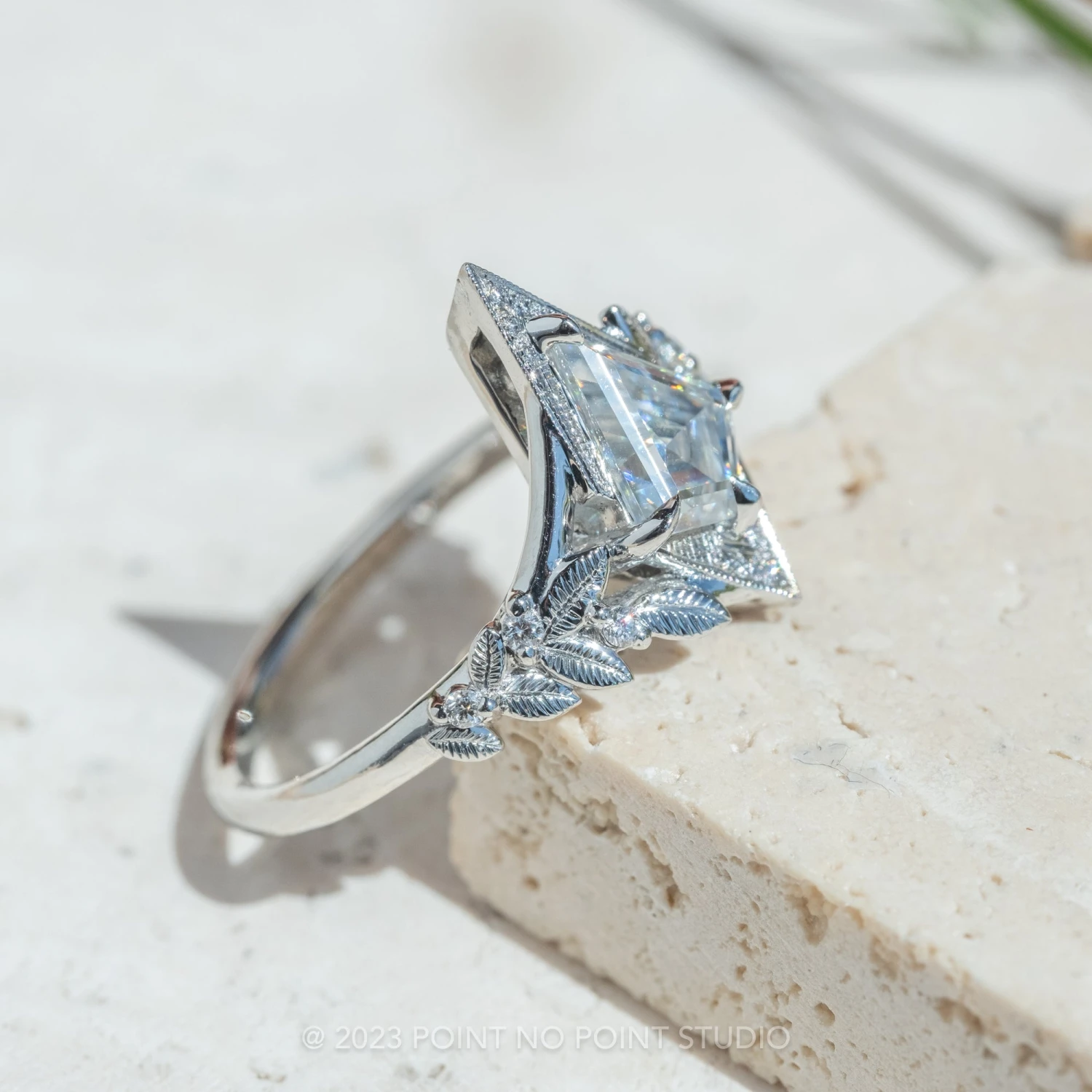 1.07 Carat Kite Moissanite Engagement Ring, Thistle Setting, Platinum - Image 4