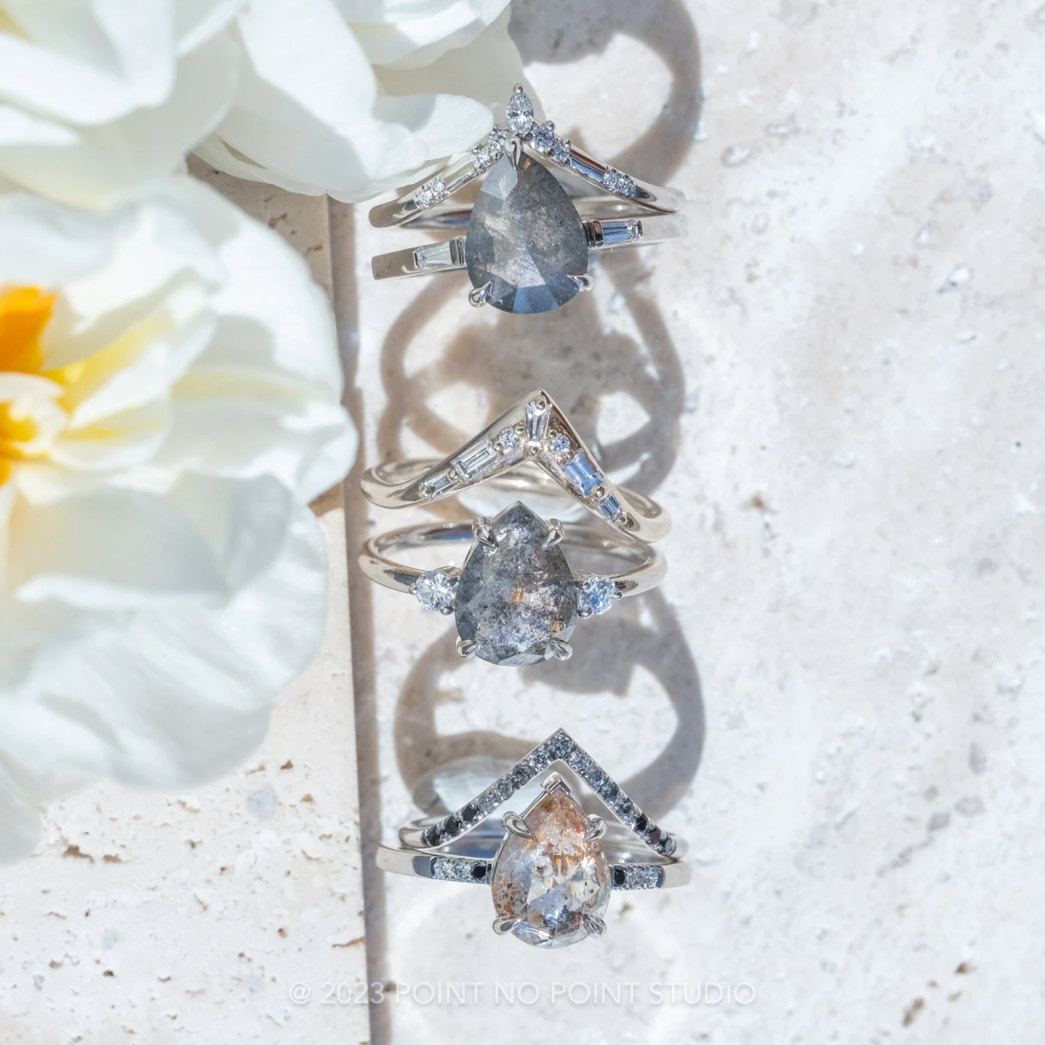 1.70 Carat Salt And Pepper Pear Diamond Engagement Ring, Zoe Setting, Platinum - Image 4