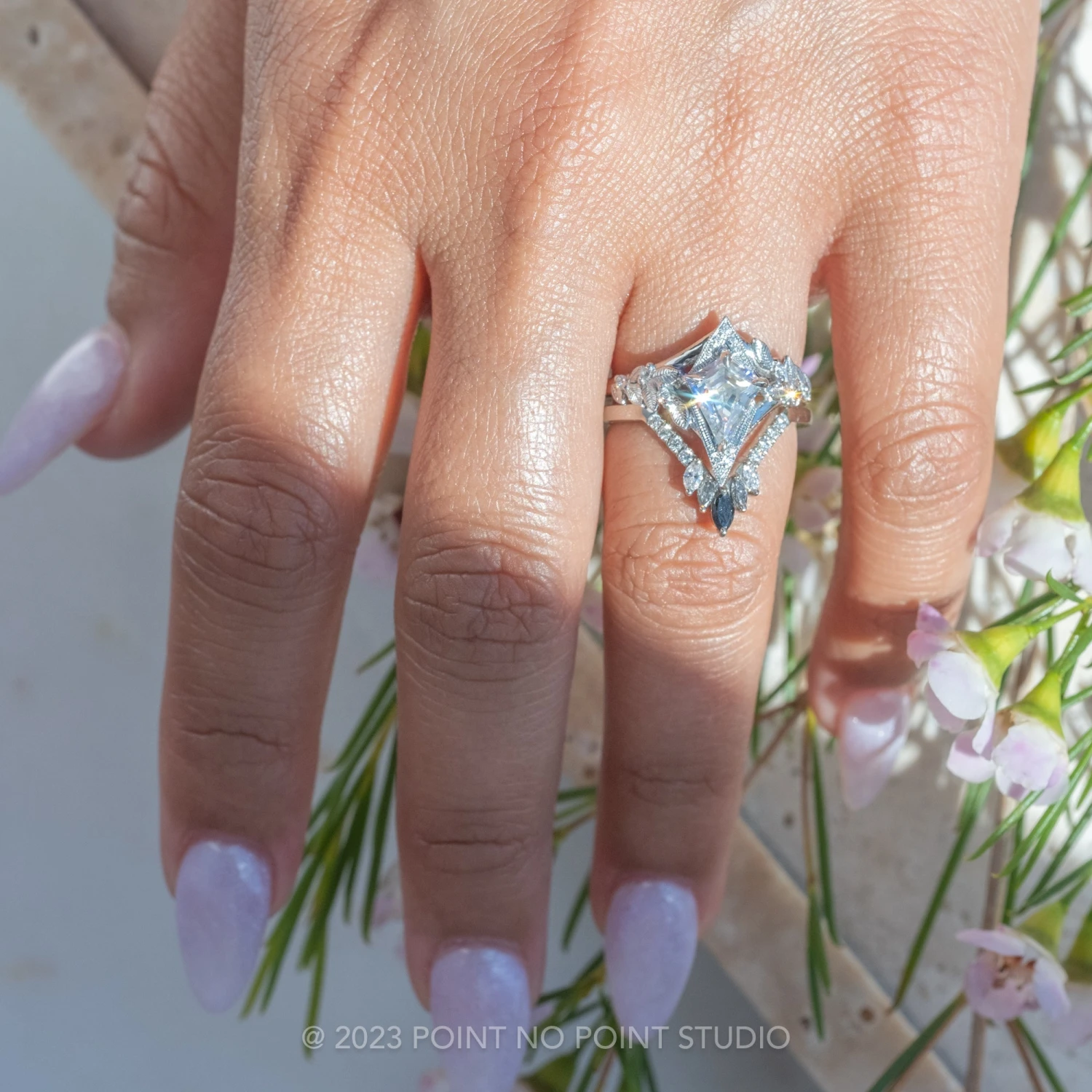 1.07 Carat Kite Moissanite Engagement Ring, Thistle Setting, Platinum - Image 2