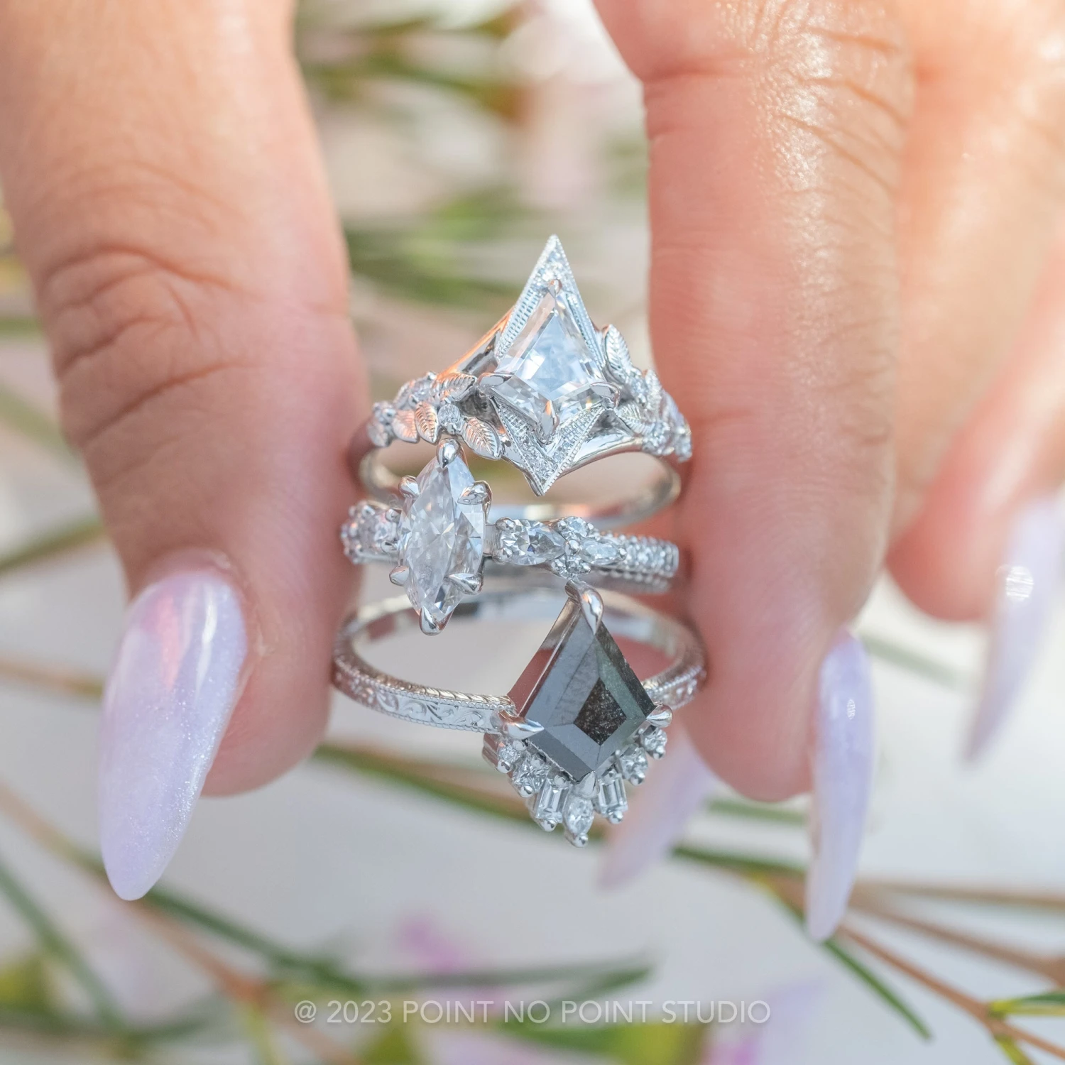 1.07 Carat Kite Moissanite Engagement Ring, Thistle Setting, Platinum - Image 5