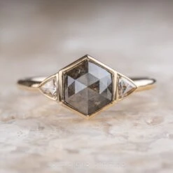 1.66 Carat Black Hexagon Diamond Engagement Ring, Zoe Setting, 14K Yellow Gold