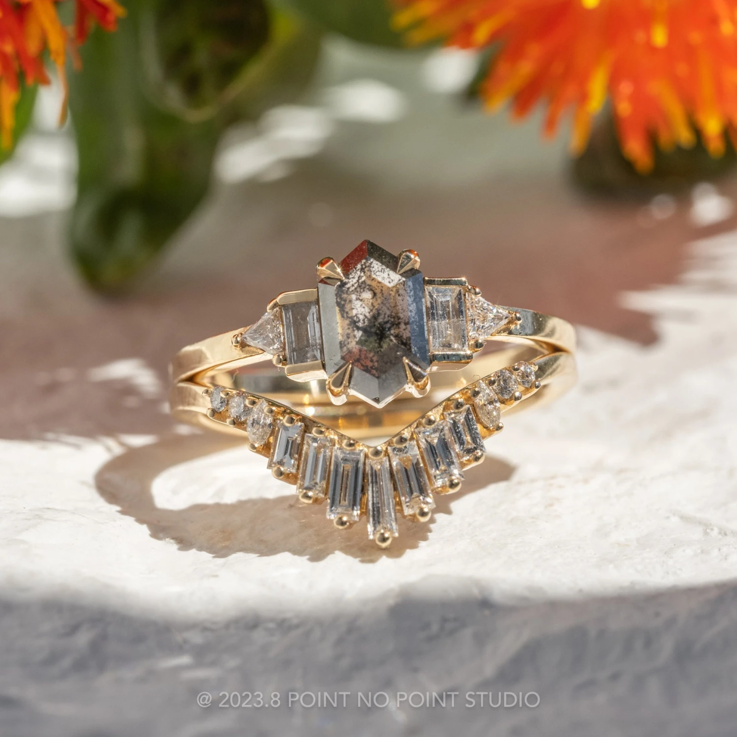 1.08 Carat Salt And Pepper Hexagon Diamond Engagement Ring, Beatrice Setting, 14K Yellow Gold - Image 3