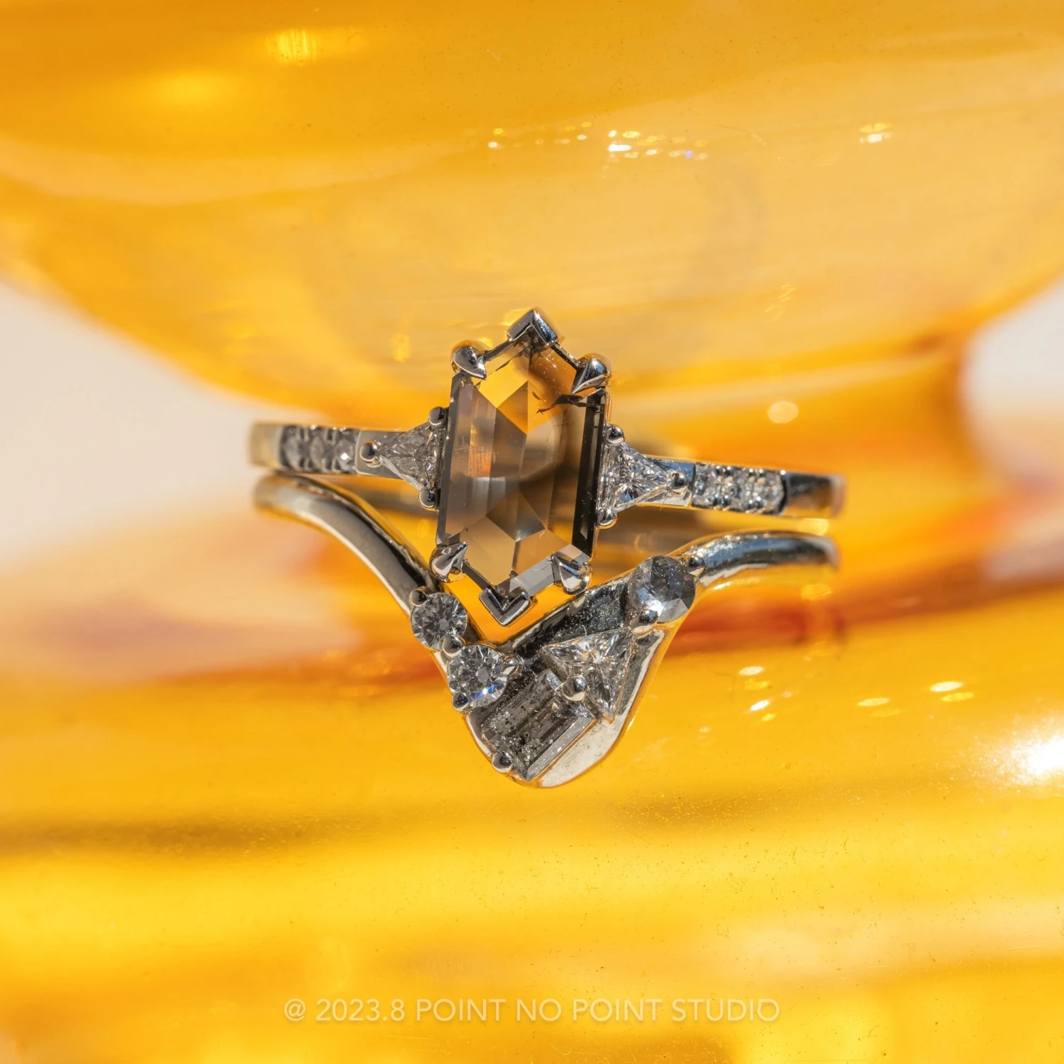 1.59 Carat Salt And Pepper Hexagon Diamond Engagement Ring, Eliza Setting, 14k White Gold - Image 3