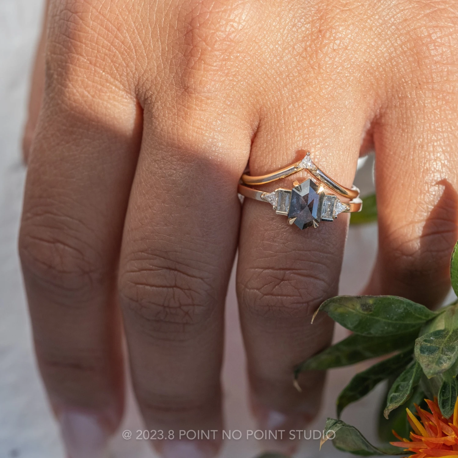 1.08 Carat Salt And Pepper Hexagon Diamond Engagement Ring, Beatrice Setting, 14K Yellow Gold - Image 2