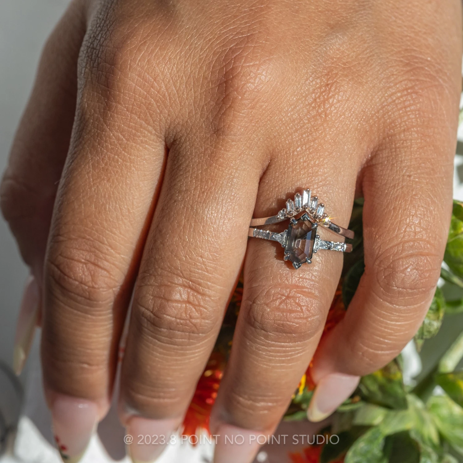 1.59 Carat Salt And Pepper Hexagon Diamond Engagement Ring, Eliza Setting, 14k White Gold - Image 2