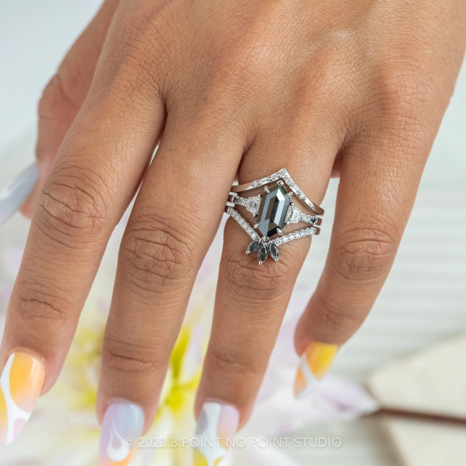 3.12 Carat Black Hexagon Diamond Engagement Ring, Eliza Setting, Platinum - Image 2