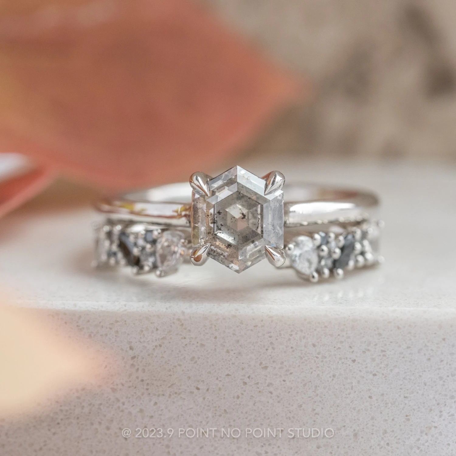 1.66 Carat Canadian Salt And Pepper Hexagon Diamond Engagement Ring, Lark Setting, Platinum - Image 4