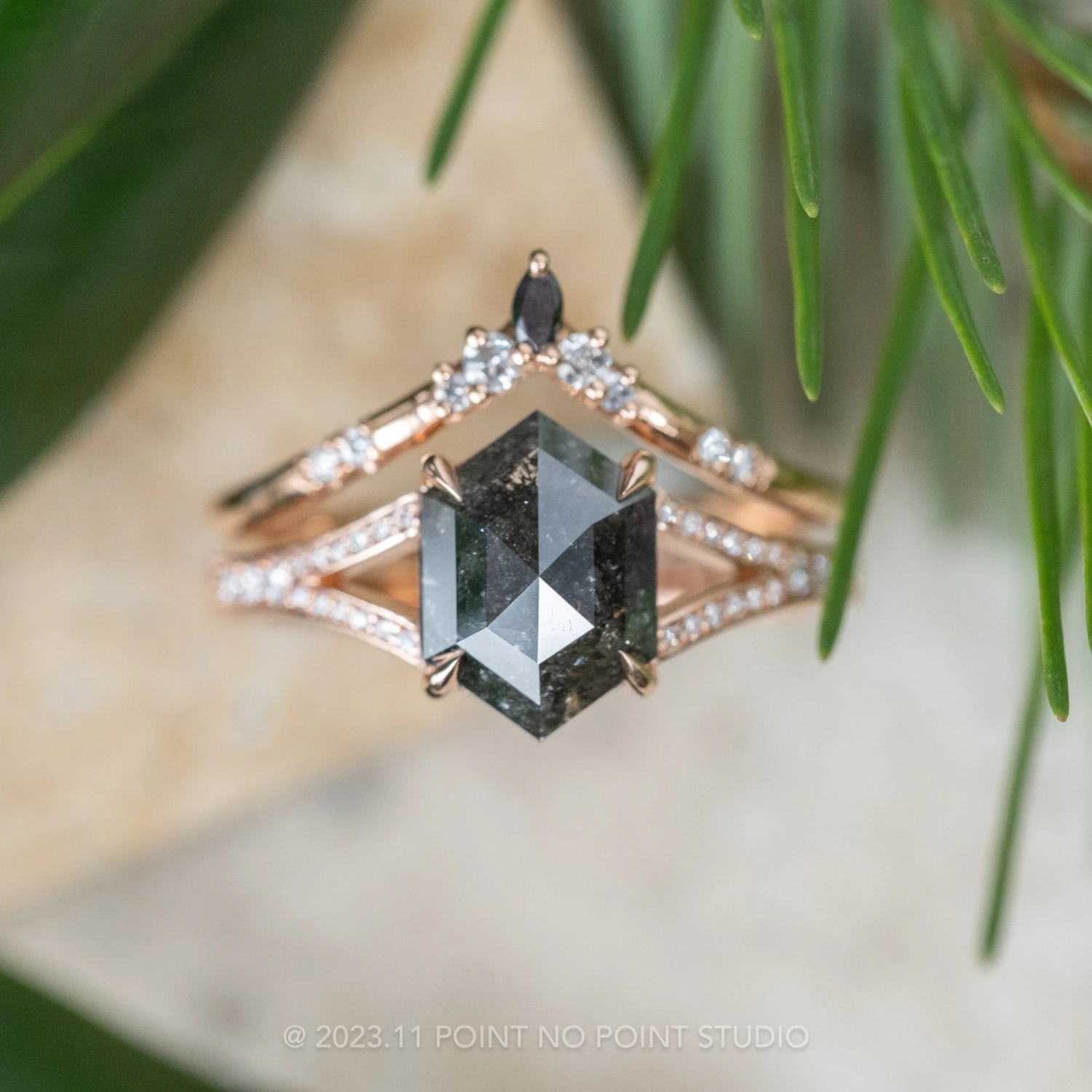 2.02 Carat Black Speckled Hexagon Diamond Engagement Ring, River Setting, 14k Rose Gold - Image 3