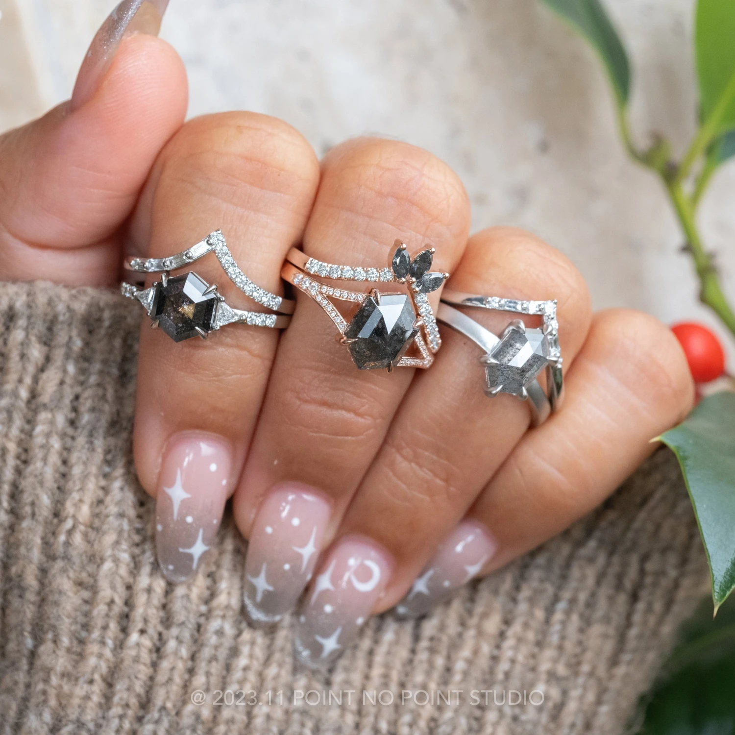 2.02 Carat Black Speckled Hexagon Diamond Engagement Ring, River Setting, 14k Rose Gold - Image 4