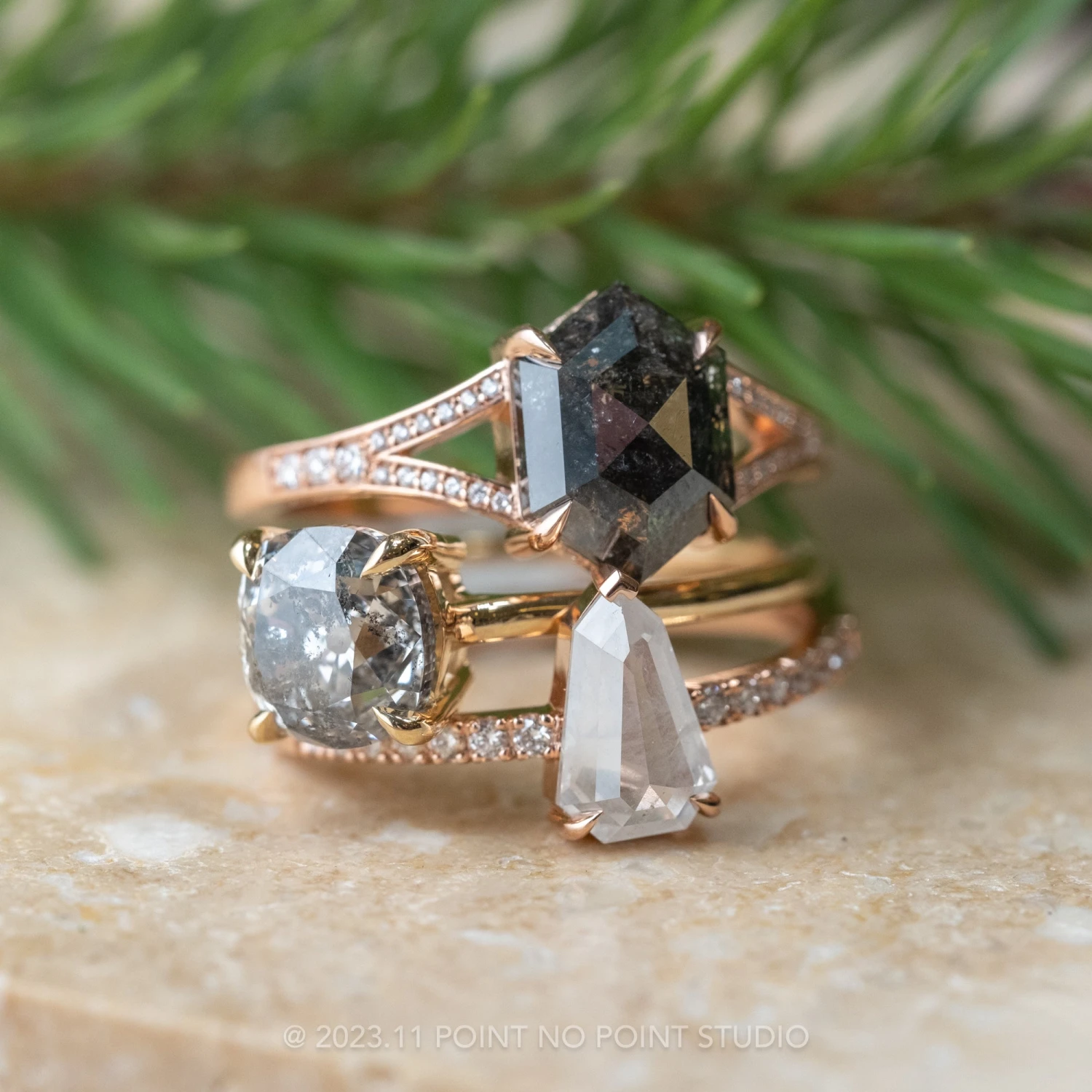 2.02 Carat Black Speckled Hexagon Diamond Engagement Ring, River Setting, 14k Rose Gold - Image 5