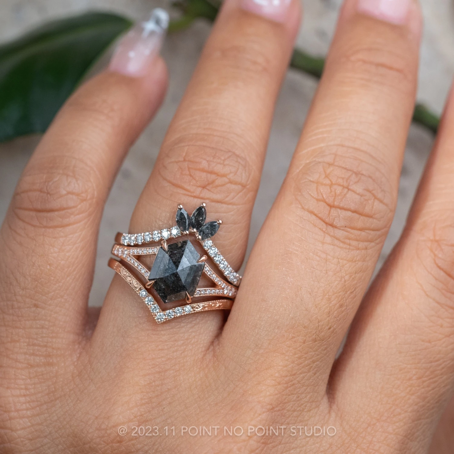 2.02 Carat Black Speckled Hexagon Diamond Engagement Ring, River Setting, 14k Rose Gold - Image 2