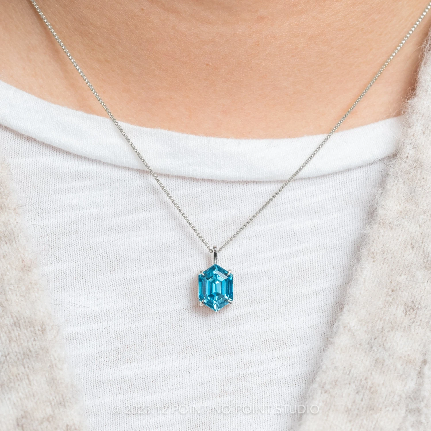 4.99 Carat Blue Hexagon Zircon Necklace, 14k White Gold - Image 2