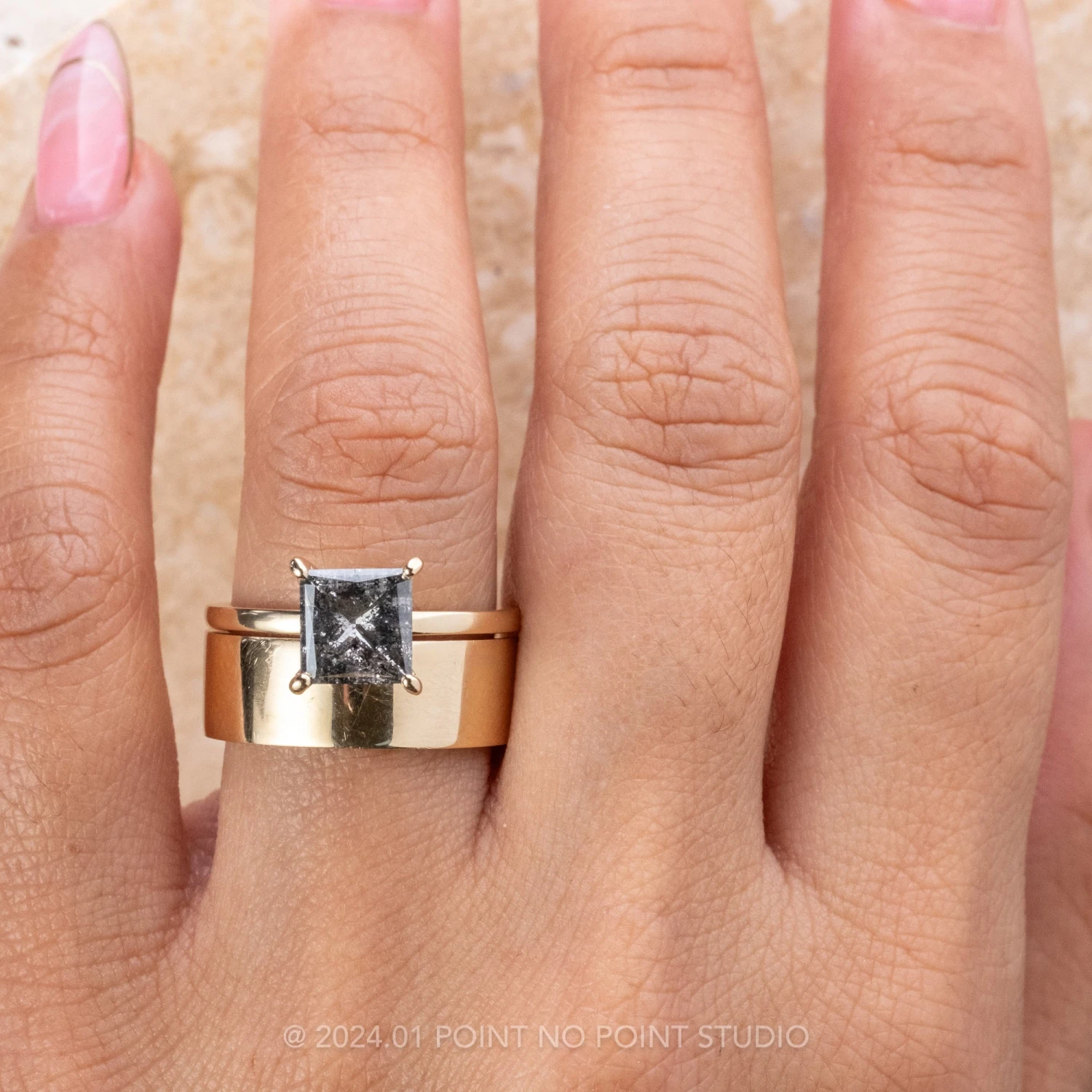 1.91 Carat Black Speckled Princess Cut Diamond Engagement Ring, Tulip Basket Jane Setting, 14k Yellow Gold - Image 2
