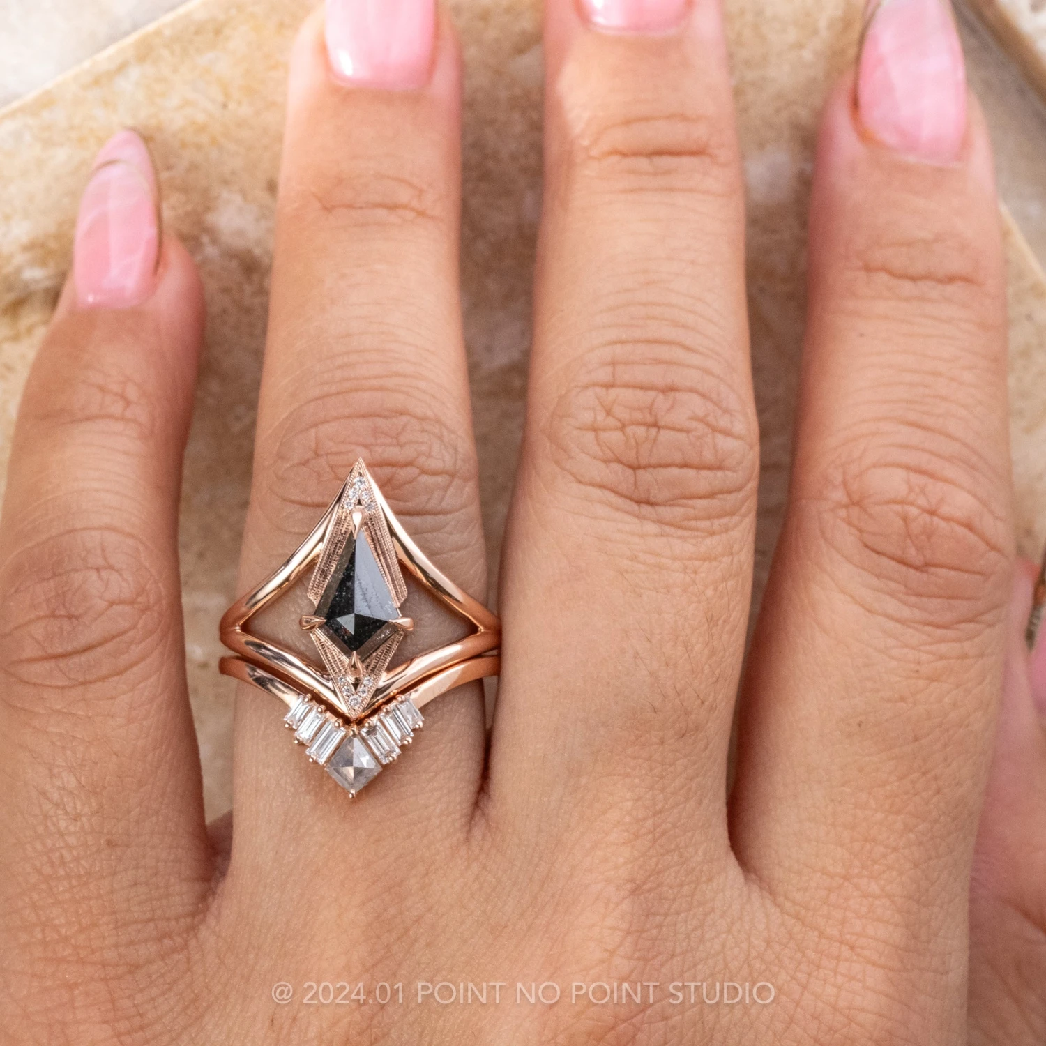 Salt And Pepper Kite Diamond Wedding Band, Violet Setting, 14K Rose Gold - Image 4