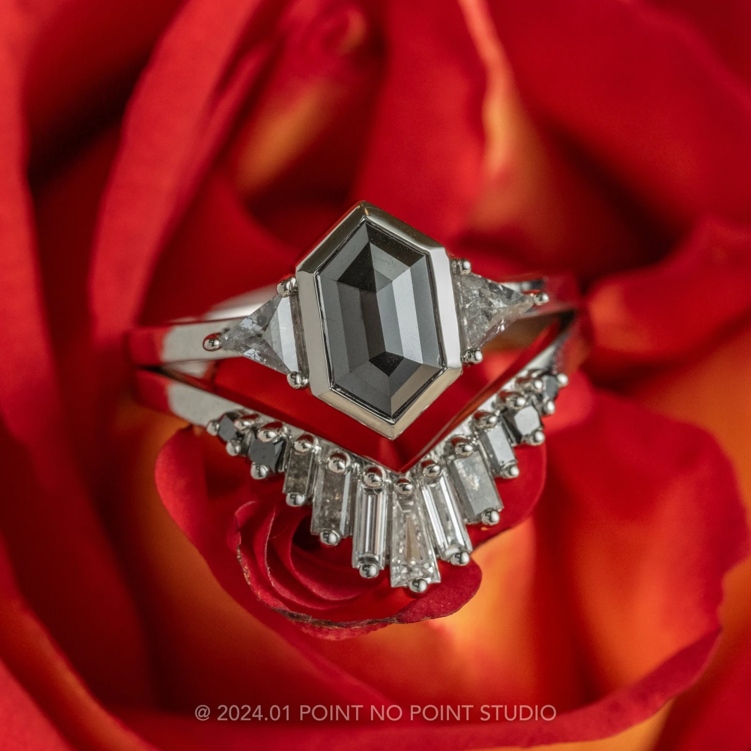 2 Carat Black Hexagon Diamond Engagement Ring, Bezel Zoe Setting, 14k White Gold - Image 3