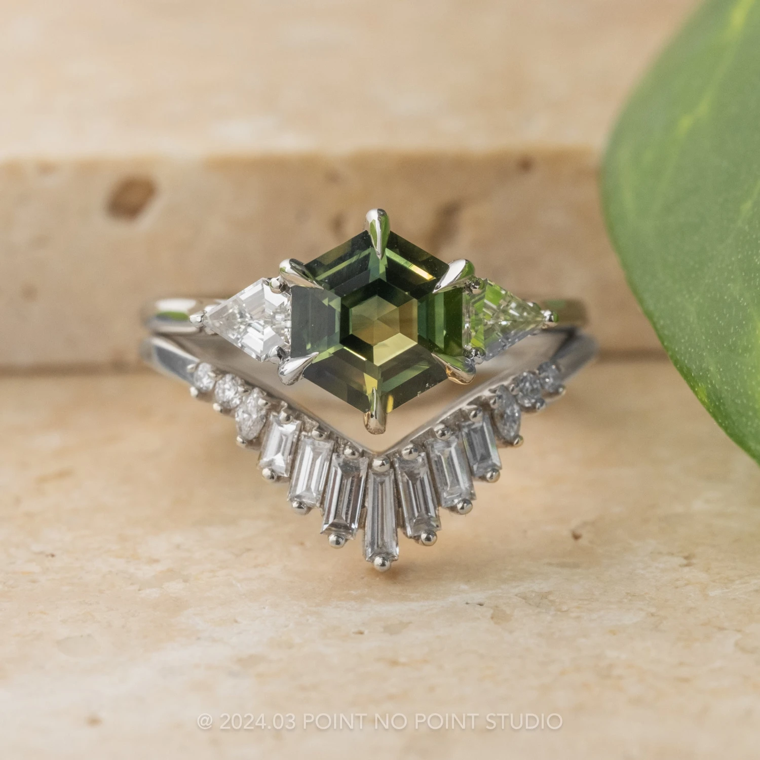 2.23 Carat Green Hexagon Sapphire And Diamond Engagement Ring, Lea Setting, Platinum - Image 3
