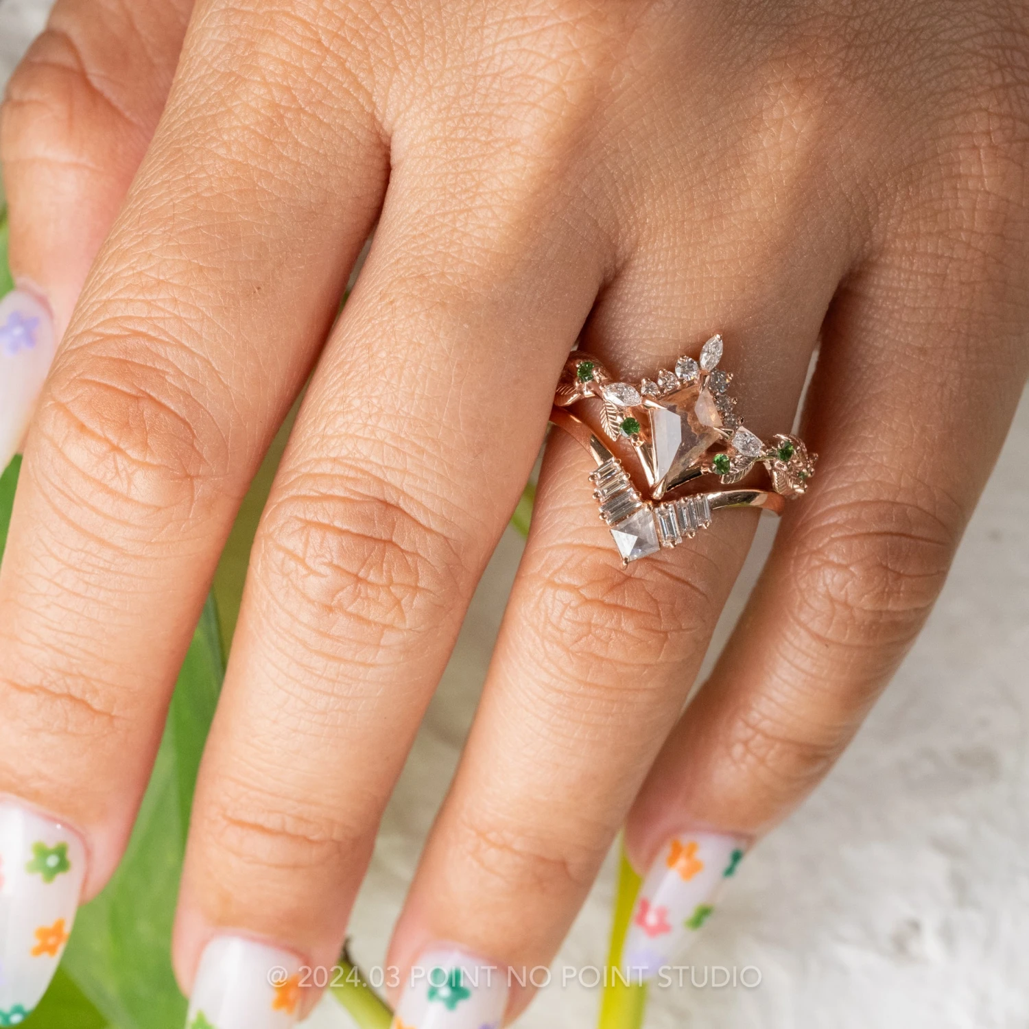 Salt And Pepper Kite Diamond Wedding Band, Violet Setting, 14K Rose Gold - Image 3