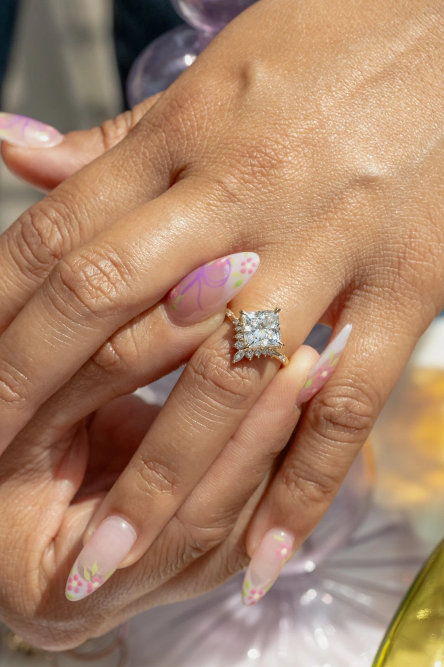 1.91 Carat Princess Cut Moissanite And Diamond Engagement Ring, Flora Setting, 14k Yellow Gold - Image 2