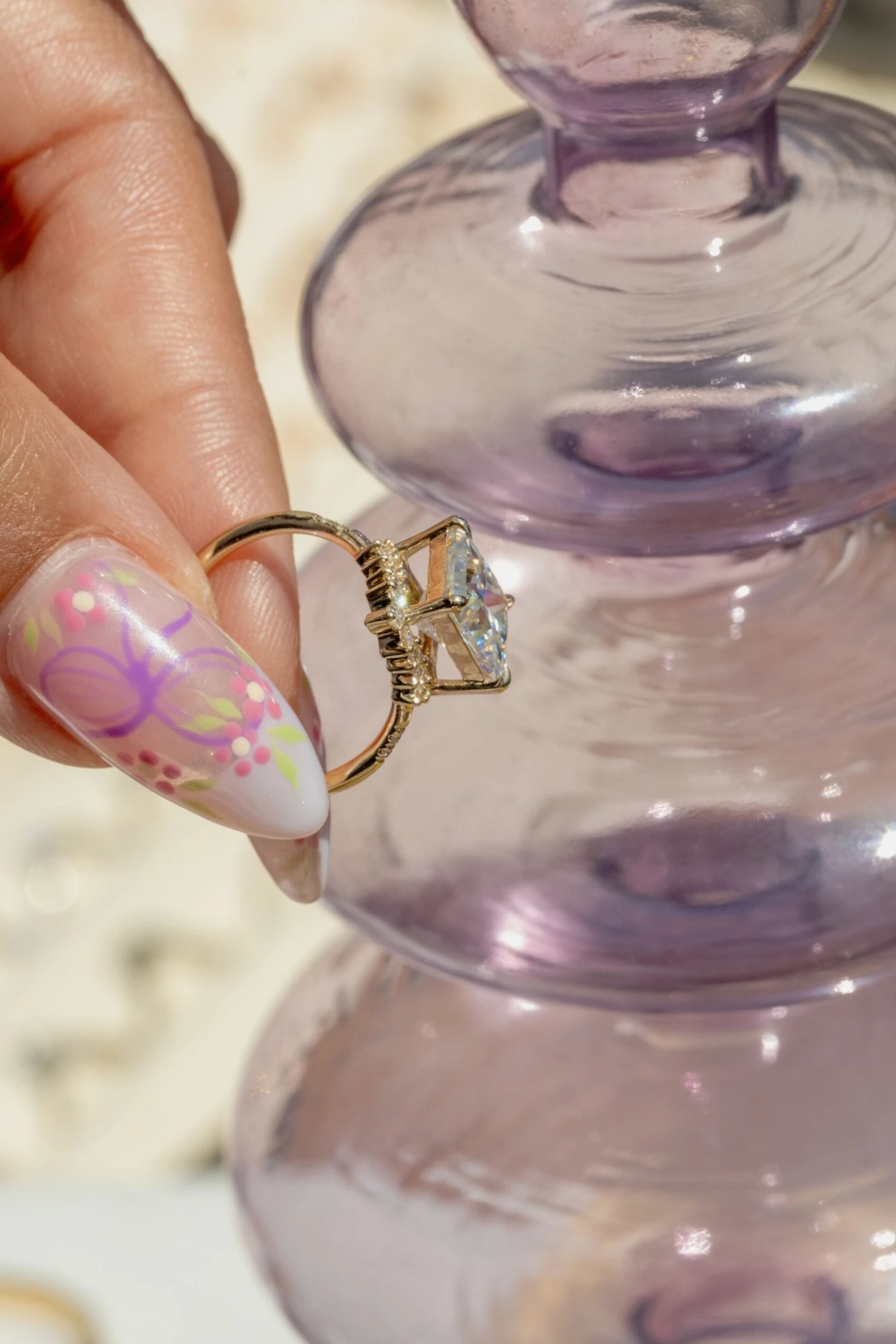 1.91 Carat Princess Cut Moissanite And Diamond Engagement Ring, Flora Setting, 14k Yellow Gold - Image 3