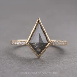1.68 Carat Black Speckled Kite Diamond Engagement Ring, Bezel Jules Setting, 14k Yellow Gold