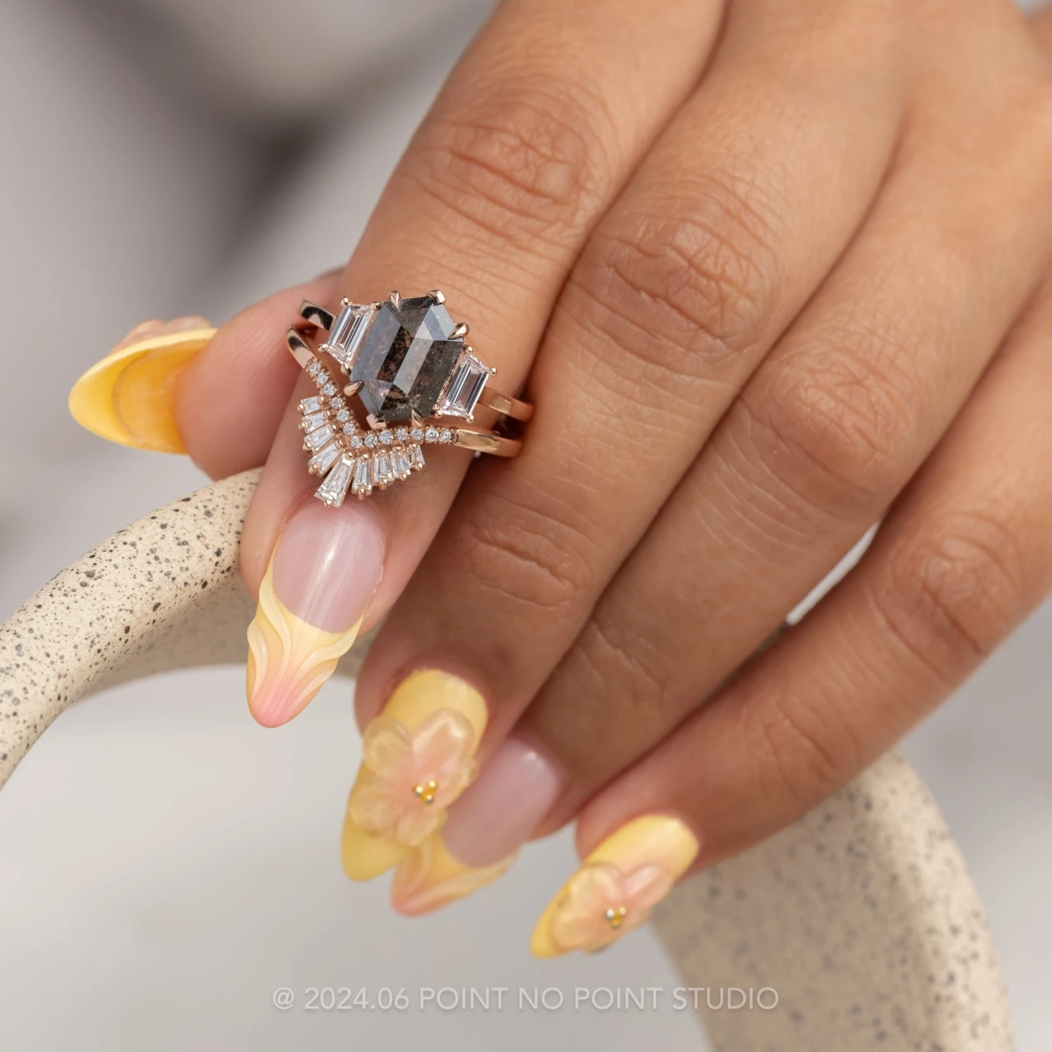 2.18 Carat Black Speckled Hexagon Diamond Engagement Ring, Lea Setting, 14K Rose Gold - Image 3