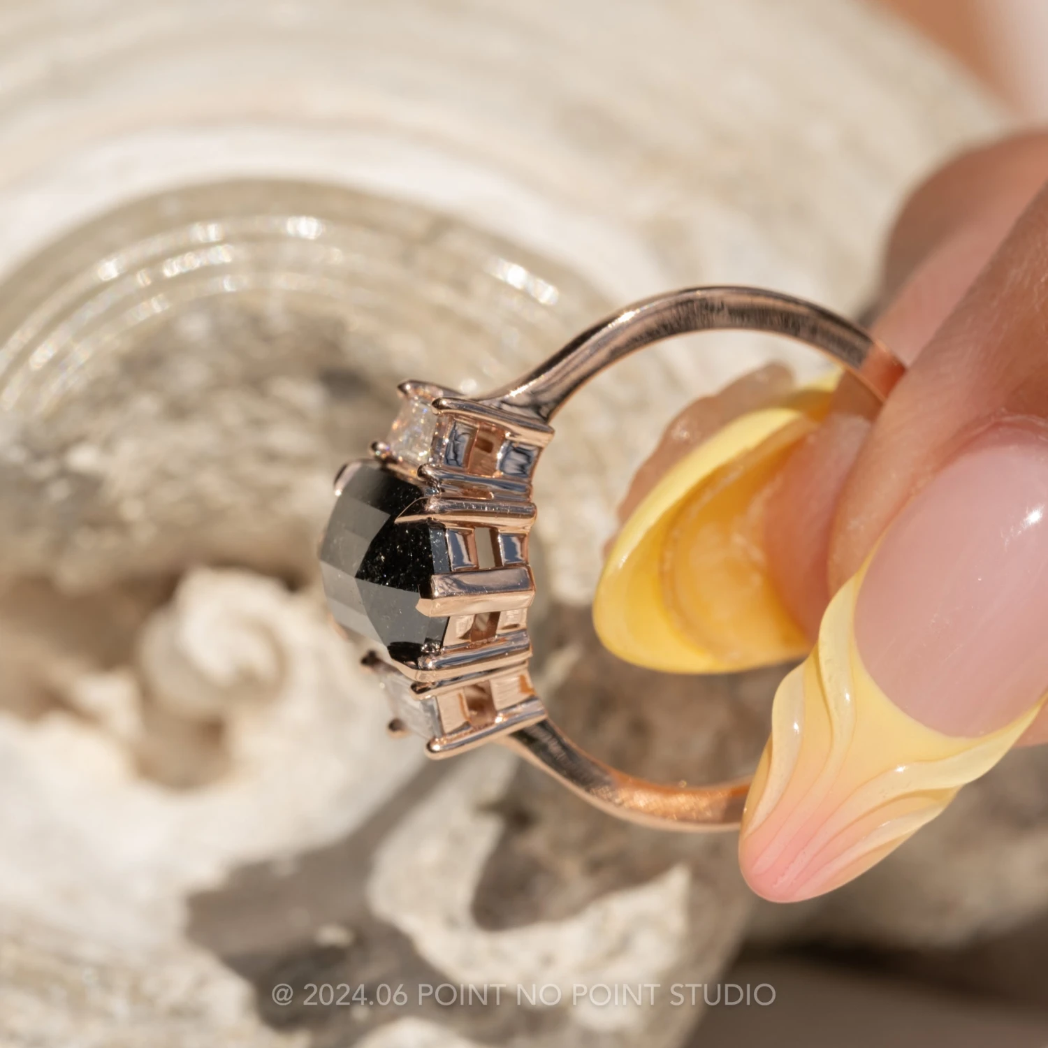 2.18 Carat Black Speckled Hexagon Diamond Engagement Ring, Lea Setting, 14K Rose Gold - Image 4