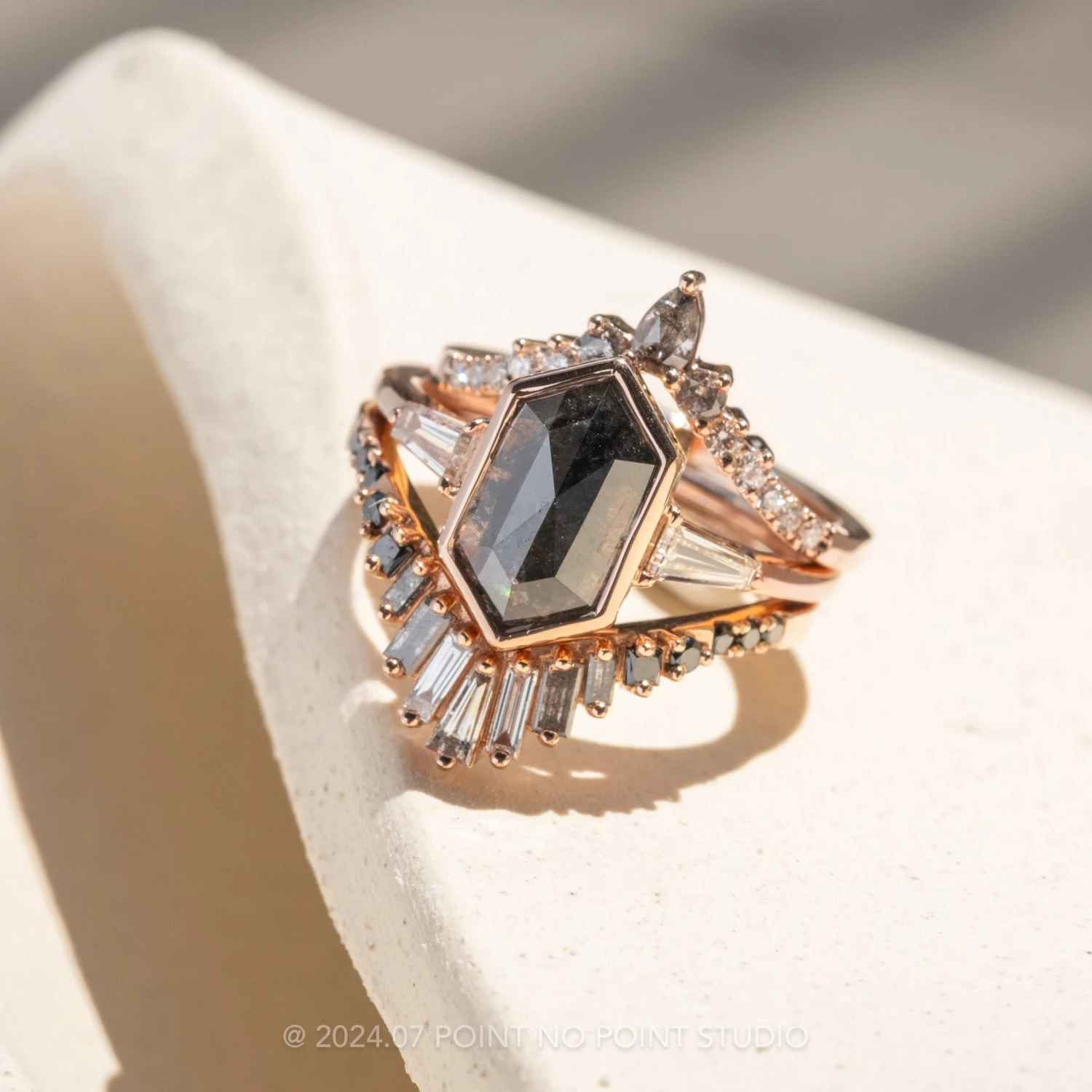 2.67 Carat Black Speckled Hexagon Diamond Engagement Ring, Bezel Zoe Setting, 14k Rose Gold - Image 3