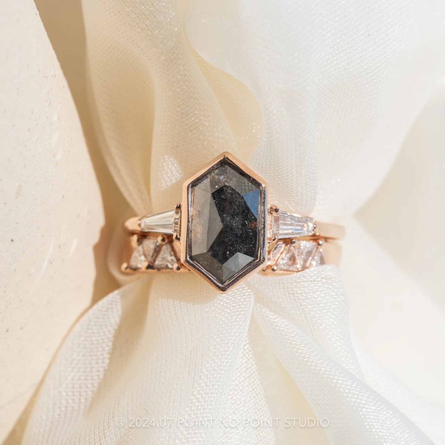 2.67 Carat Black Speckled Hexagon Diamond Engagement Ring, Bezel Zoe Setting, 14k Rose Gold - Image 4