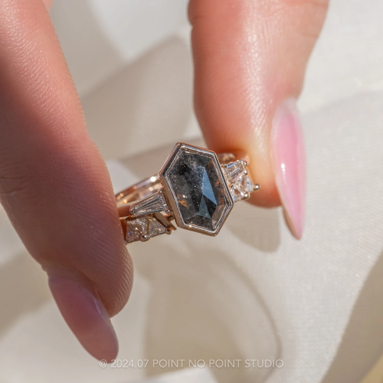 2.67 Carat Black Speckled Hexagon Diamond Engagement Ring, Bezel Zoe Setting, 14k Rose Gold - Image 2