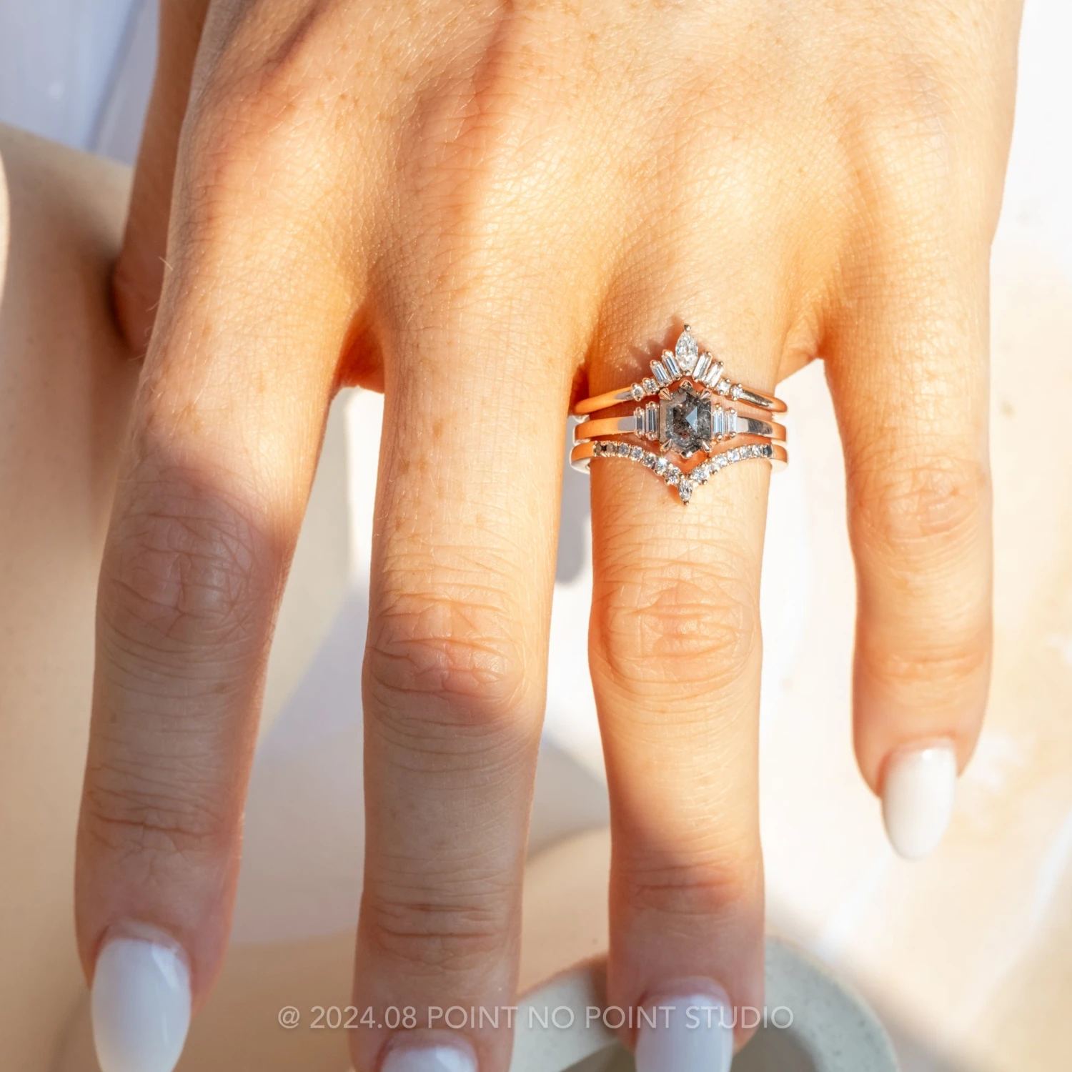 .73 Carat Black Speckled Hexagon Diamond Engagement Ring, Betty Setting, 14k Rose Gold - Image 2