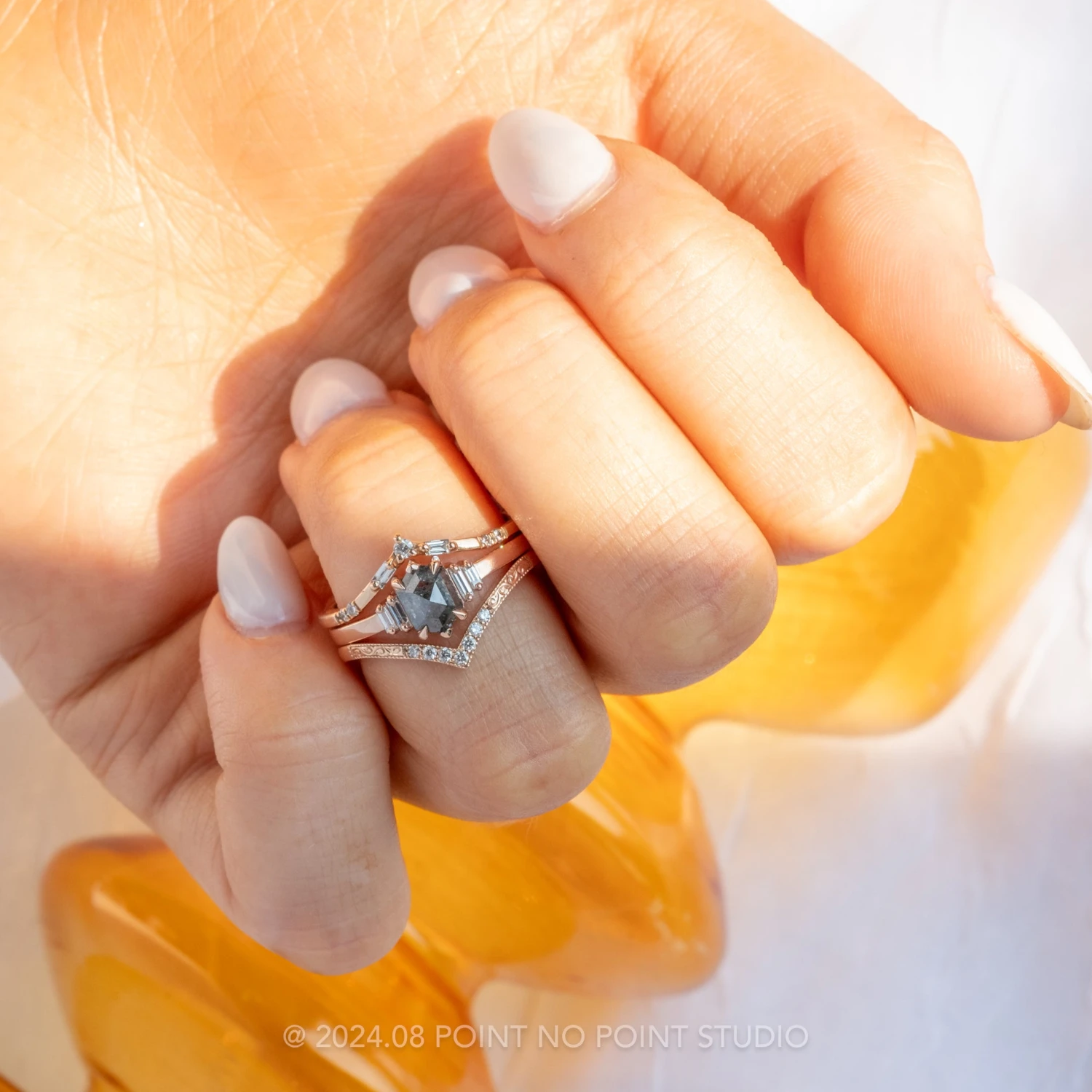 .73 Carat Black Speckled Hexagon Diamond Engagement Ring, Betty Setting, 14k Rose Gold - Image 3