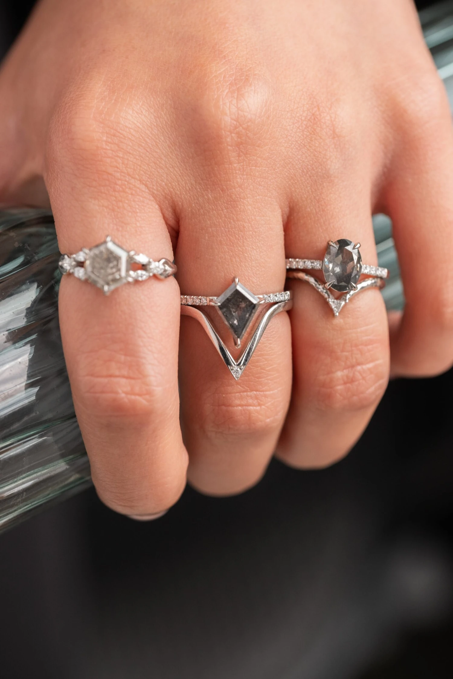 Hammered Triangle Diamond Rounded Wedding Band, Vivian Setting, 14k White Gold - Image 2