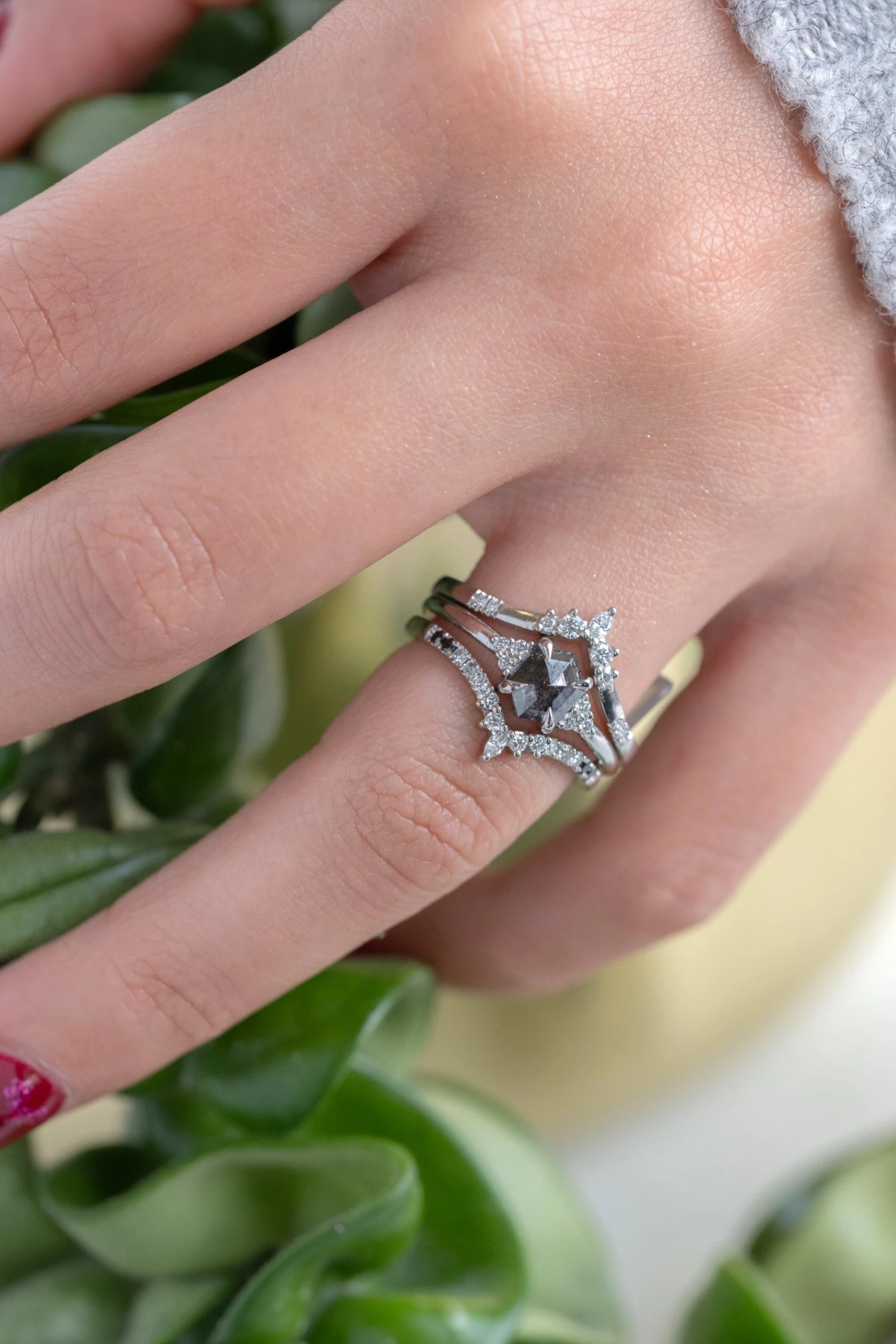 .87 Carat Black Speckled Hexagon Diamond Engagement Ring, Quinn Setting, Platinum - Image 2